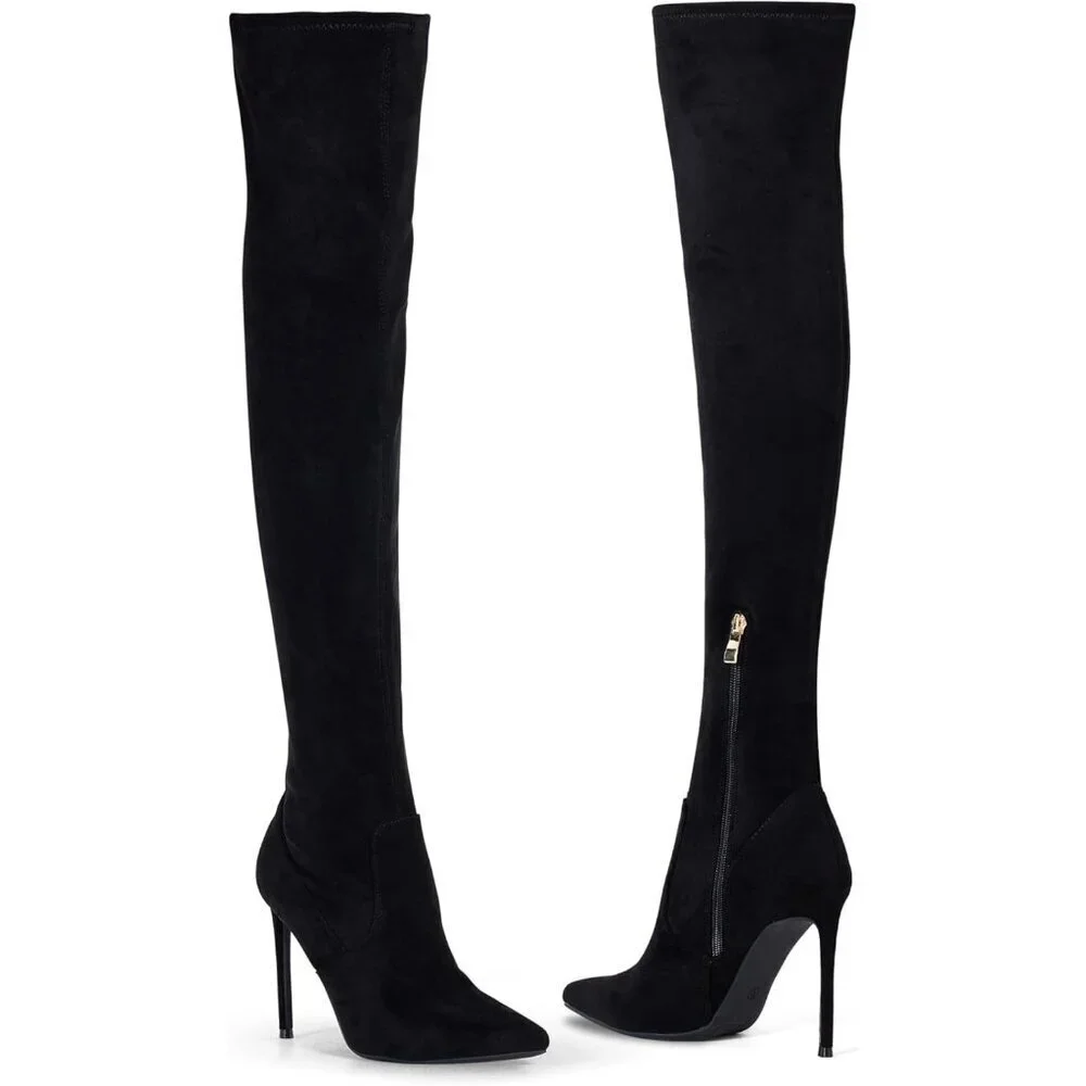 Women Black Suede Pointed Toe 4.3 inch Stilettos Thigh High Heels Stretch Boots
